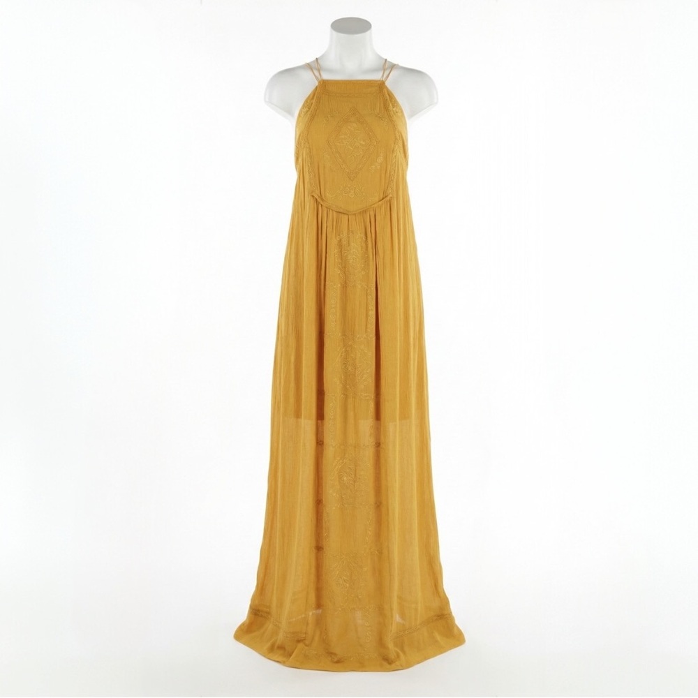 C&C California Mustard Yellow Embroidered Gauze Halter Maxi Dress Boho Summer XS